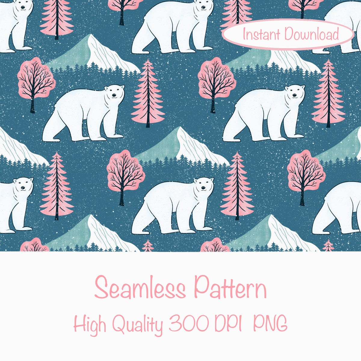 Polar Whimsy Polar Bears, Mountains & Forest Trees Seamless Pattern Pink | Cozy Winter Digital Design PNG 12x12ā 300 DPI