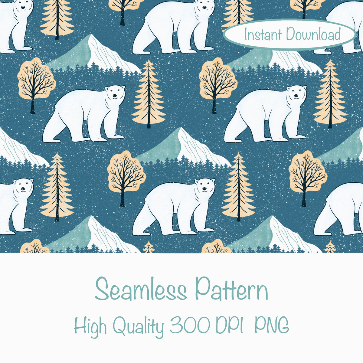 Polar Whimsy Polar Bears, Mountains & Forest Trees Seamless Pattern Gold | Cozy Winter Digital Design PNG 12x12ā 300 DPI