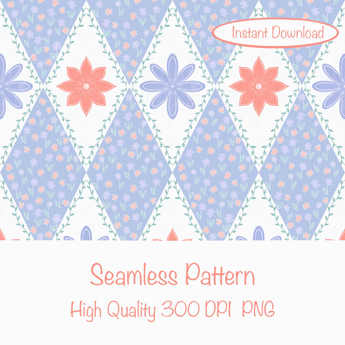 Polar Whimsy Checkered Diamond & Doodle Flowers Seamless Pattern Purple | Cozy Winter Digital Design