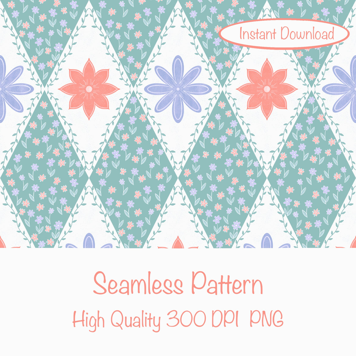 Polar Whimsy Checkered Diamond & Doodle Flowers Seamless Pattern Green | Cozy Winter Digital Design