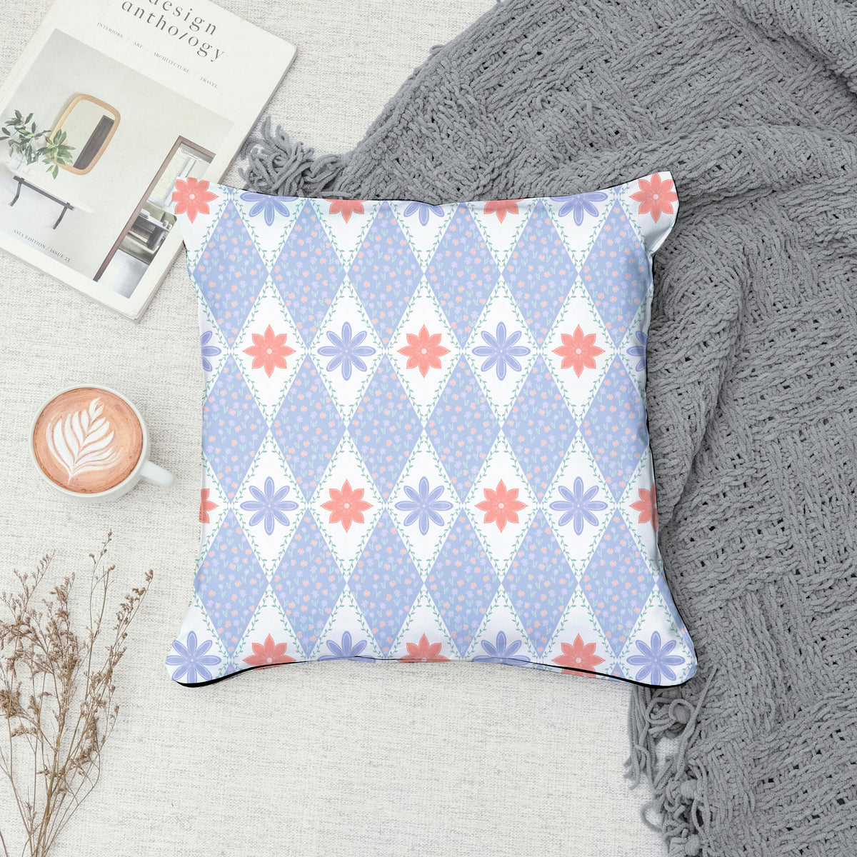 Polar Whimsy Checkered Diamond & Doodle Flowers Seamless Pattern Purple | Cozy Winter Digital Design