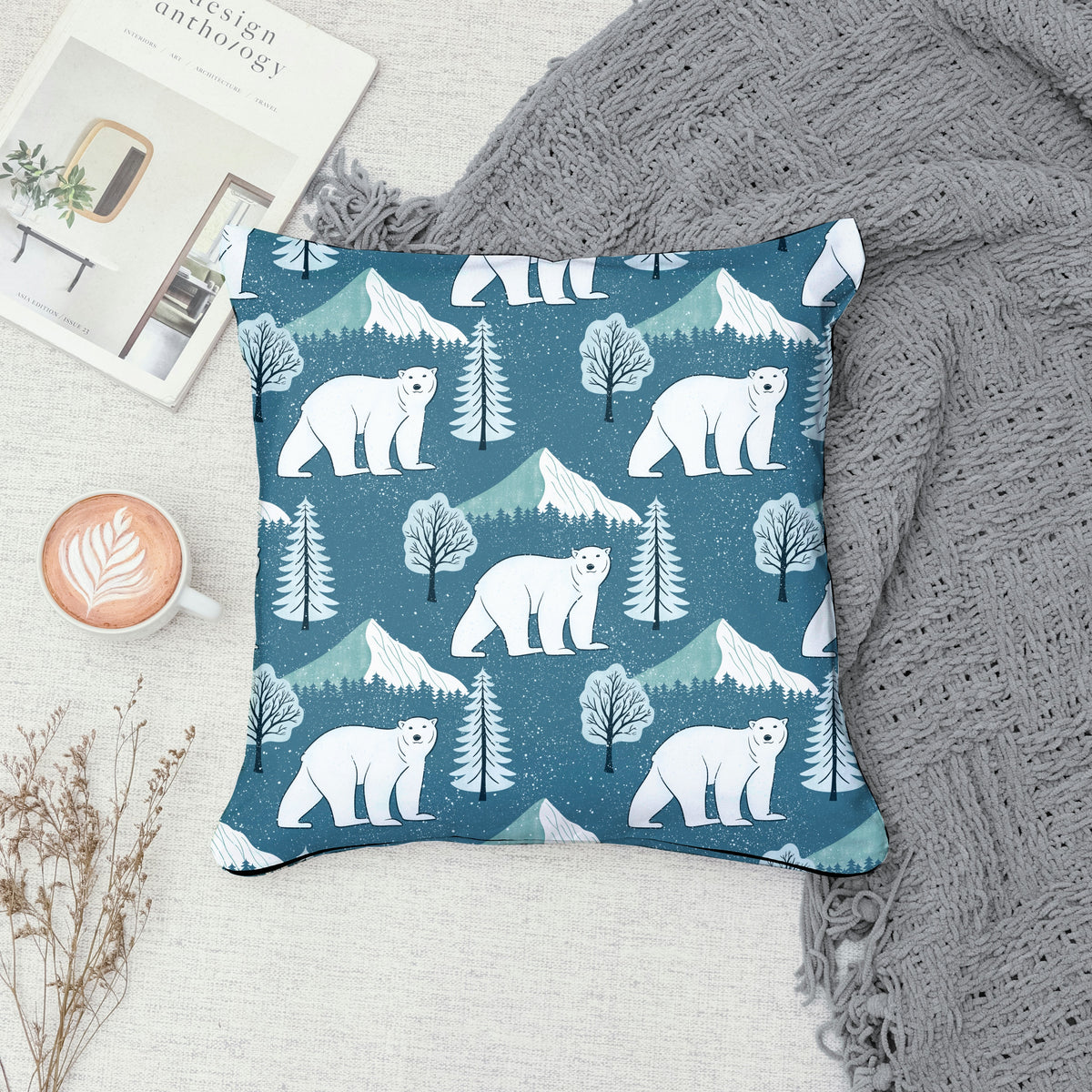 Polar Whimsy Polar Bears, Mountains & Forest Trees Seamless Pattern Blue | Cozy Winter Digital Design PNG 12x12ā 300 DPI