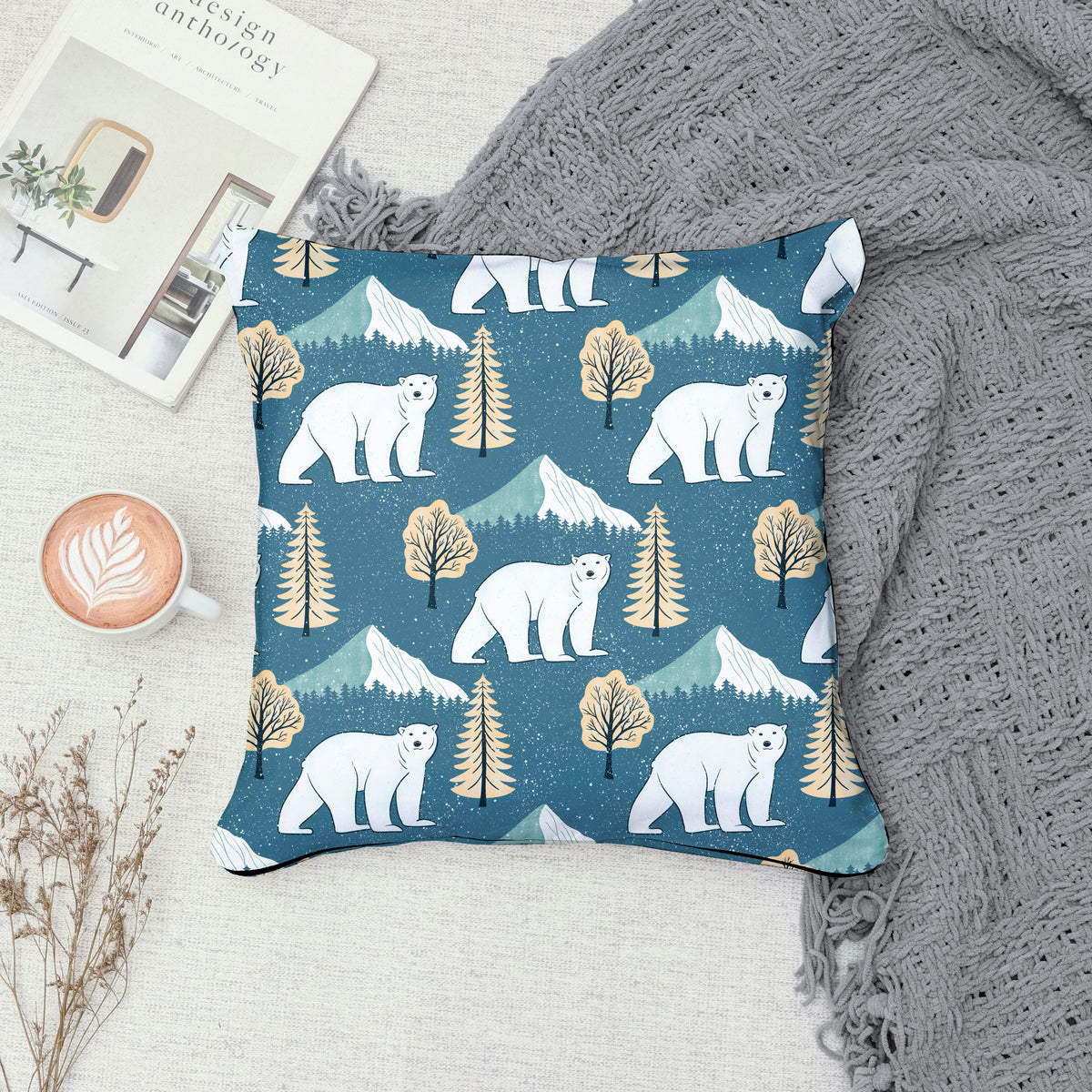 Polar Whimsy Polar Bears, Mountains & Forest Trees Seamless Pattern Gold | Cozy Winter Digital Design PNG 12x12ā 300 DPI