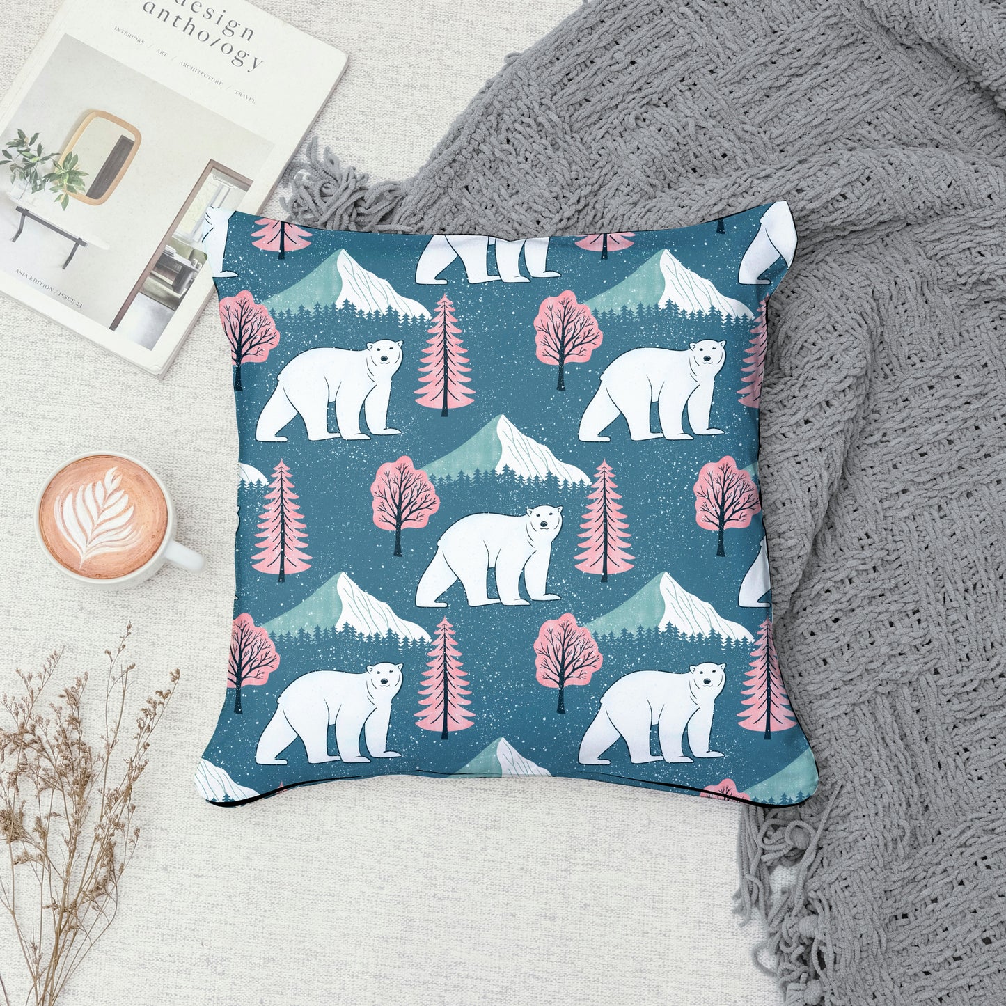 Polar Whimsy Polar Bears, Mountains & Forest Trees Seamless Pattern Pink | Cozy Winter Digital Design PNG 12x12ā 300 DPI