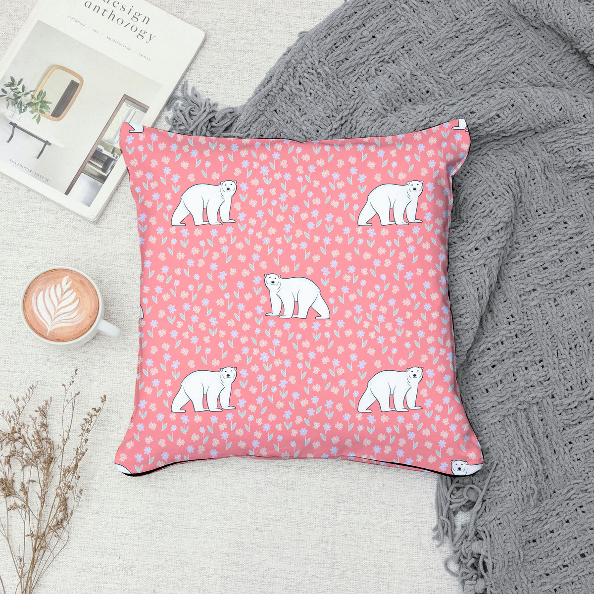 Polar Whimsy Seamless Pattern Pink | Polar Bears & Doodle Flowers | Cozy Winter Digital Design PNG 12x12” 300 DPI