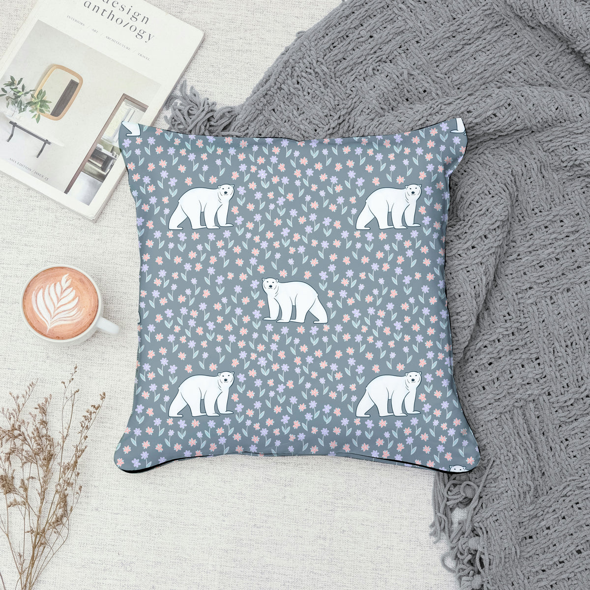 Polar Whimsy Seamless Pattern Grey | Polar Bears & Doodle Flowers | Cozy Winter Digital Design PNG 12x12” 300 DPI