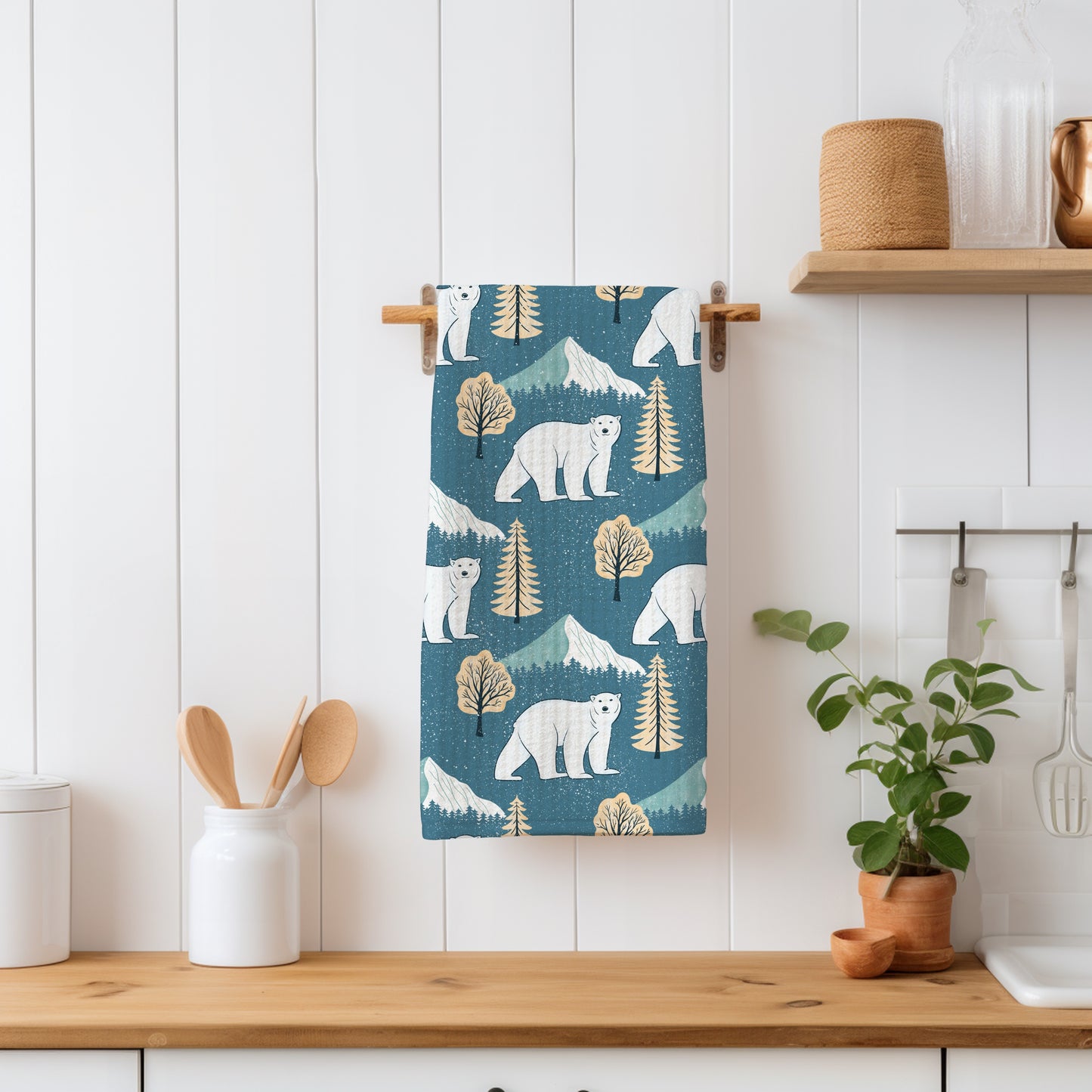 Polar Whimsy Polar Bears, Mountains & Forest Trees Seamless Pattern Gold | Cozy Winter Digital Design PNG 12x12ā 300 DPI