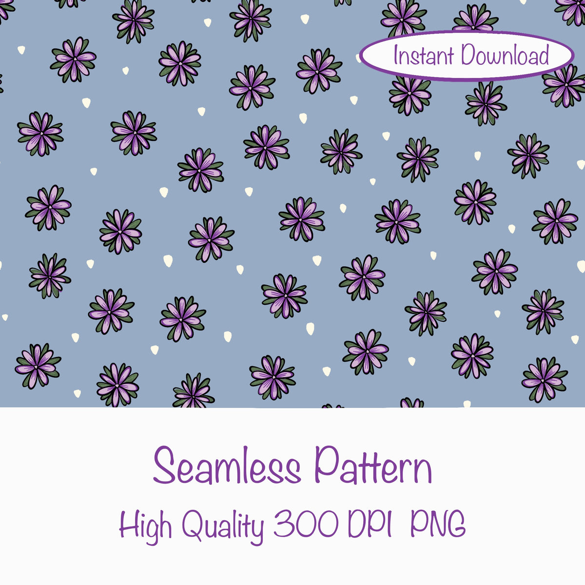 Mystic Witchy Floral Seamless Pattern Blue | Doodle Flower Digital Design | 12x12โ PNG 300 DPI | Commercial Use Pattern
