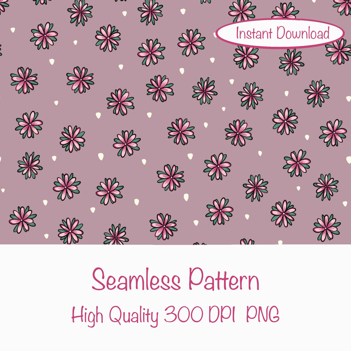 Mystic Witchy Floral Seamless Pattern Pink | Doodle Flower Digital Design | 12x12โ PNG 300 DPI | Commercial Use Pattern