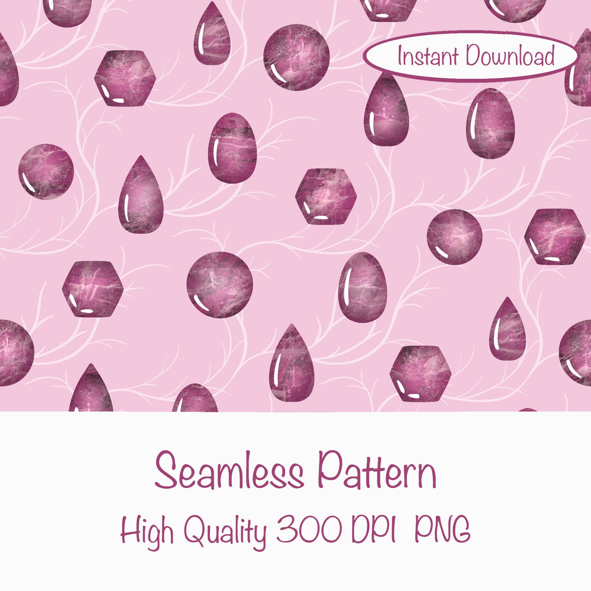 Mystic Witchy Gemstones Seamless Pattern Pink | Magical Crystal Digital Design | PNG 12x12” 300 DPI