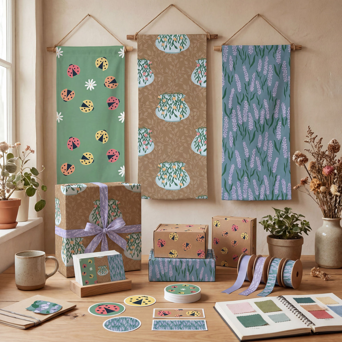 Whimsical Spring Seamless Pattern Bundle | Ladybug, Floral Vase & Lavender Digital Paper Collection | Commercial Use Surface Pattern Set