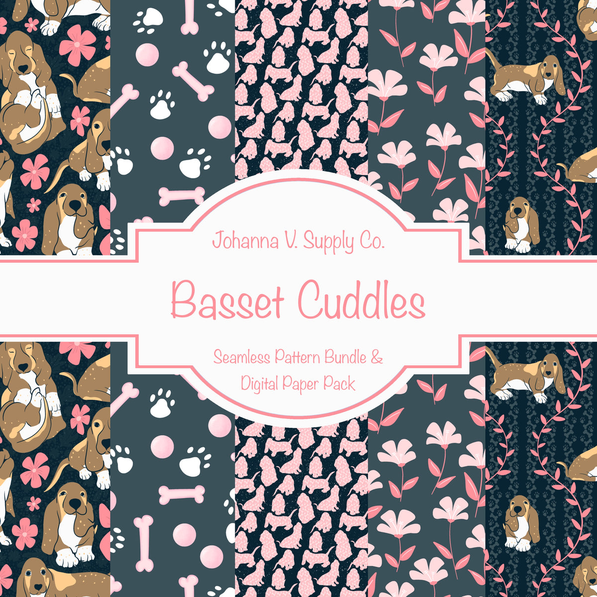 Basset Hound Seamless Pattern Bundle Black | Florals, Botanicals & Dog Toys | 12x12” PNGs | Digital Download | Commercial & Personal