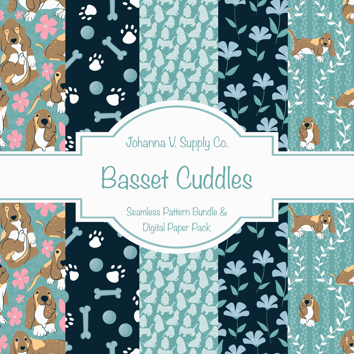 Basset Hound Seamless Pattern Bundle Blue Green | Florals, Botanicals & Dog Toys | 12x12” PNGs | Digital Download | Commercial & Personal