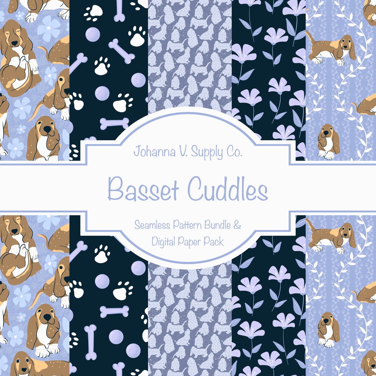 Basset Hound Seamless Pattern Bundle Purple | Florals, Botanicals & Dog Toys | 12x12” PNGs | Digital Download | Commercial & Personal
