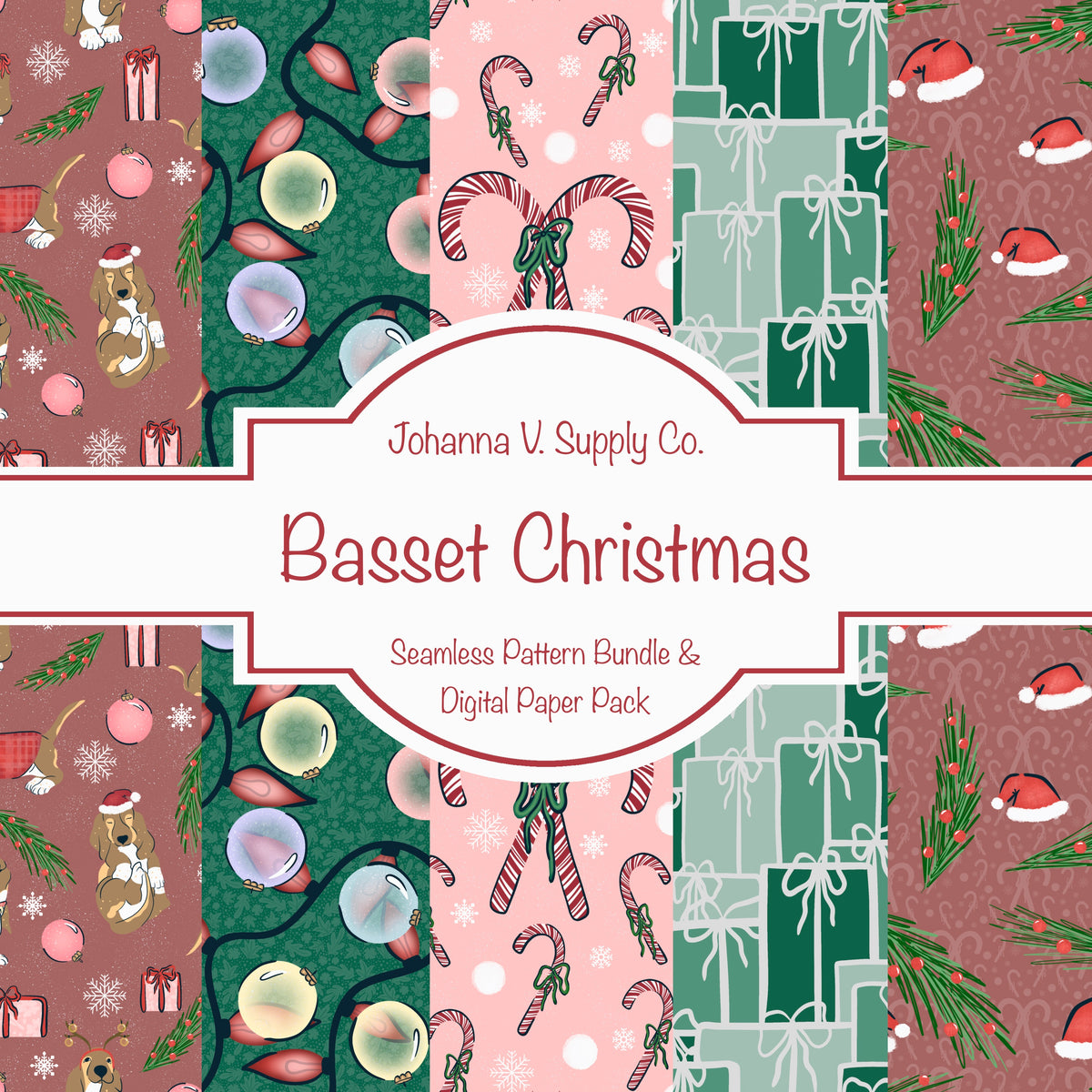 Christmas Basset Hound Seamless Pattern Bundle Mauve | Ornaments, Lights, Gifts & Candy Canes | 12x12” PNGs | Digital Download | Commercial & Personal