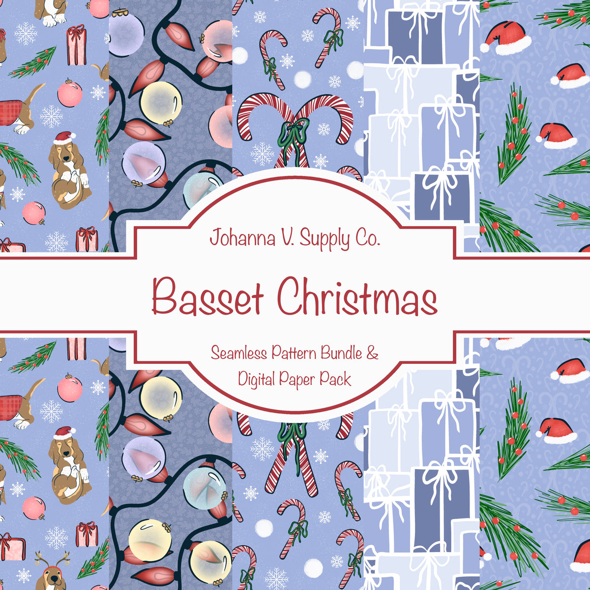 Christmas Basset Hound Seamless Pattern Bundle Purple | Ornaments, Lights, Gifts & Candy Canes | 12x12” PNGs | Digital Download | Commercial & Personal