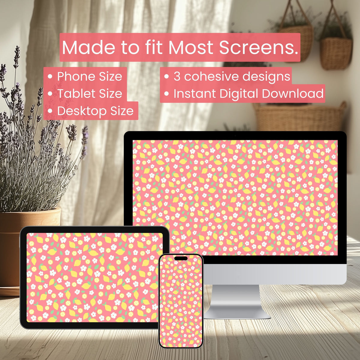 Pink Lemon Wallpaper Set | Cute Citrus Floral Phone, Tablet & Desktop Background | Strawberry Lemonade Aesthetic Digital Download