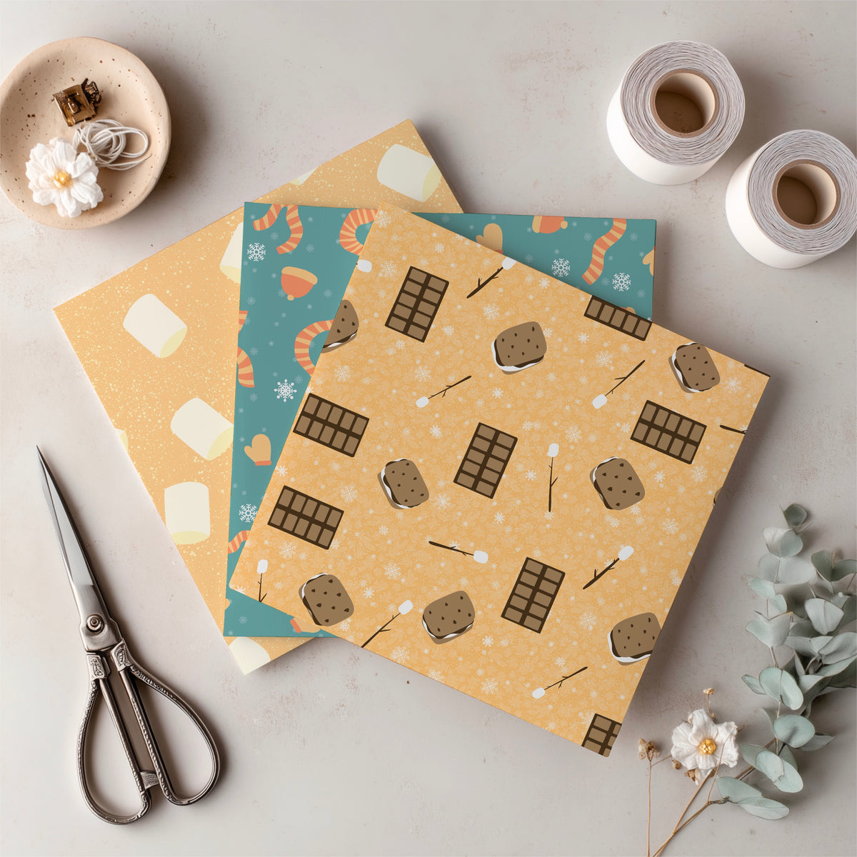 Cozy Winter Seamless Pattern Bundle Orange | S’mores, Snowmen, Mittens & Marshmallows | 12x12 PNG | Digital Download | Commercial & Personal