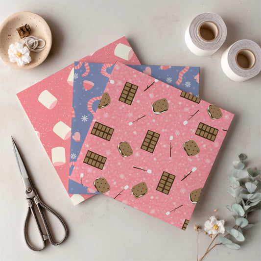 Cozy Winter Seamless Pattern Bundle Pink | S’mores, Snowmen, Mittens & Marshmallows | 12x12 PNG | Digital Download | Commercial & Personal