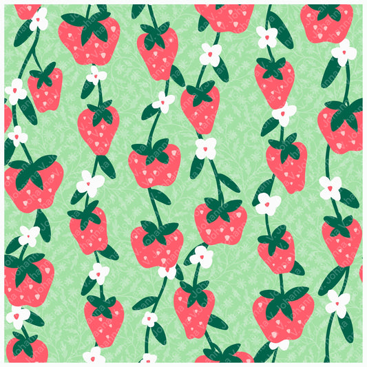 Seamless Strawberry Vine Pattern PNG, Green Botanical Fruit Digital Paper 12x12, Spring Floral Surface Pattern Design for Fabric, Packaging, Commercial Use