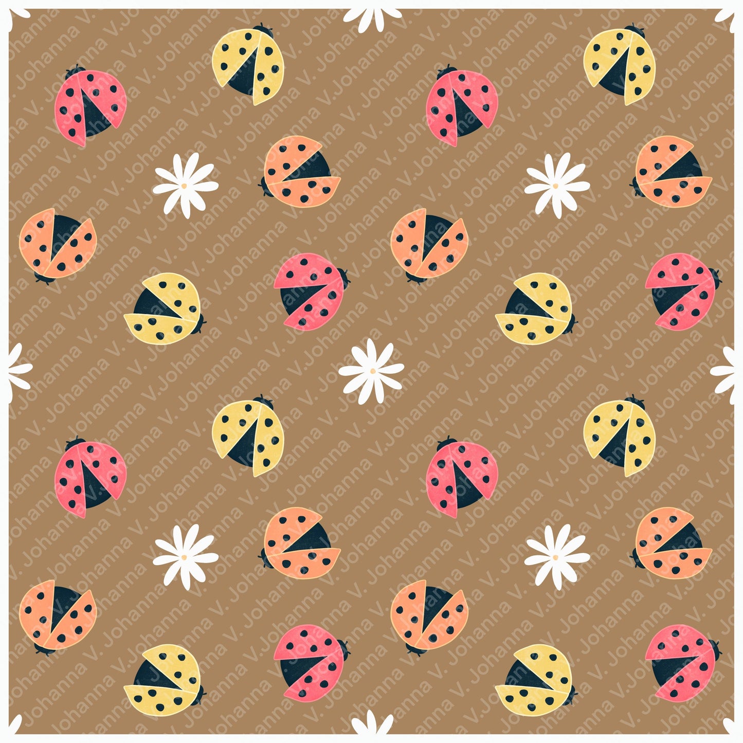Seamless Ladybug Pattern PNG, Cute Floral Bug Digital Paper 12x12, Whimsical Nature Surface Pattern for Fabric, Packaging, Kids Design, Commercial Use