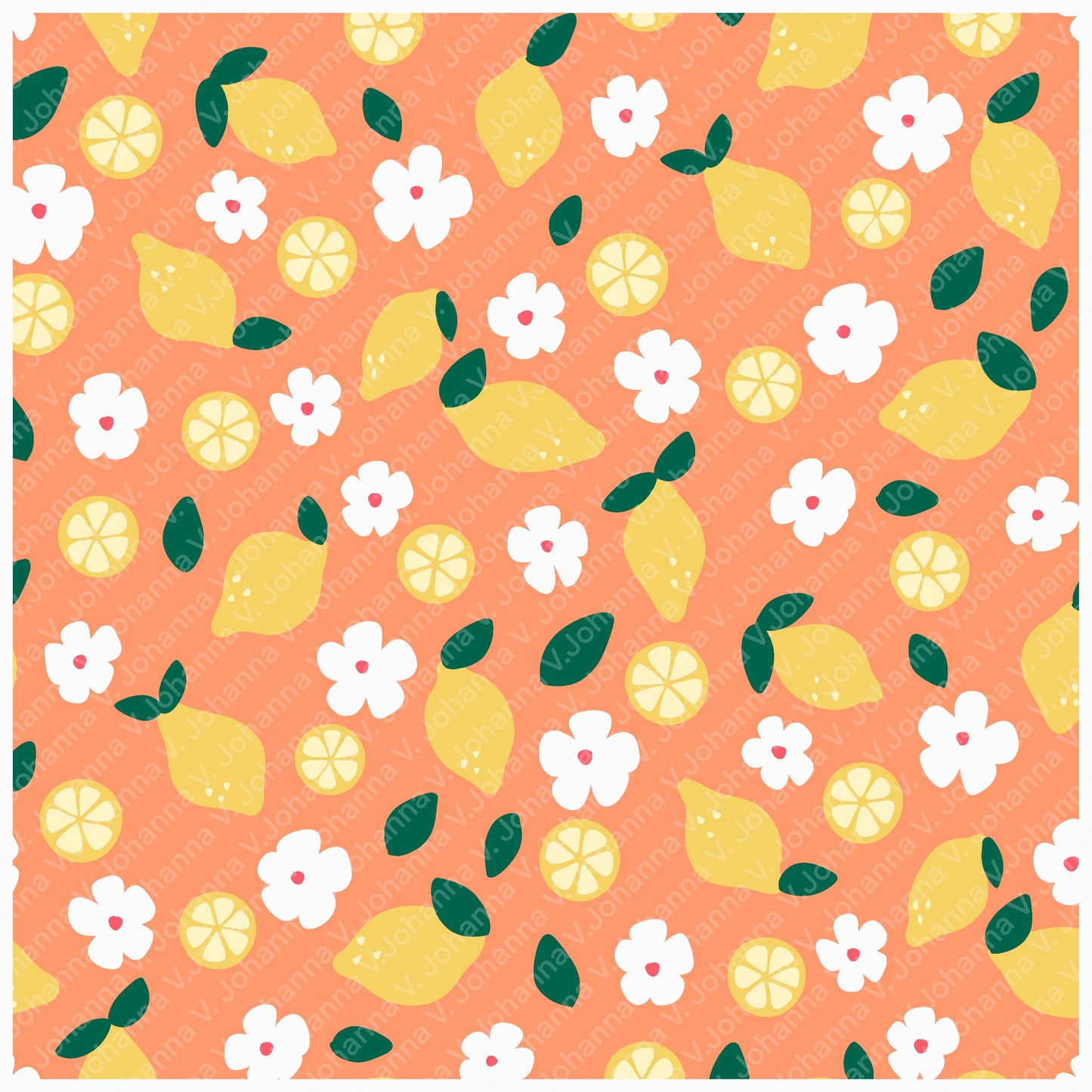 Seamless Lemon Floral Pattern PNG, Citrus Summer Digital Paper 12x12, Surface Pattern Design for Fabric, Packaging, Stationery, Commercial Use