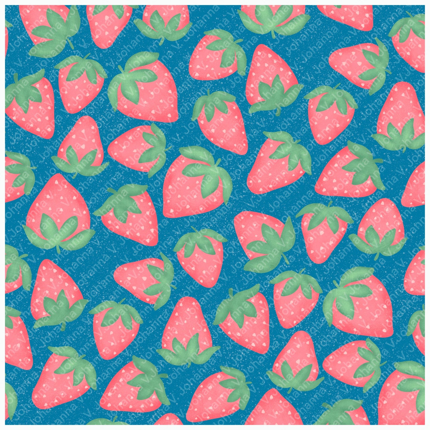 Seamless Strawberry Pattern PNG, Blue Hand Drawn Fruit Digital Paper 12x12, Cute Watercolor Style Surface Pattern for Fabric, Packaging, Commercial Use