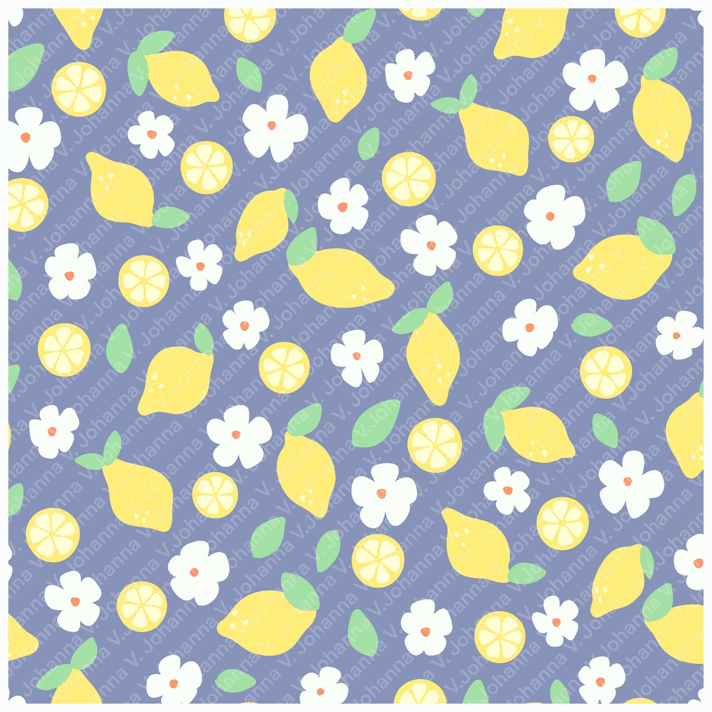 Seamless Lemon Floral Pattern PNG, Citrus Blue Digital Paper 12x12, Summer Fruit Surface Pattern Design for Fabric, Packaging, Stationery, Commercial Use