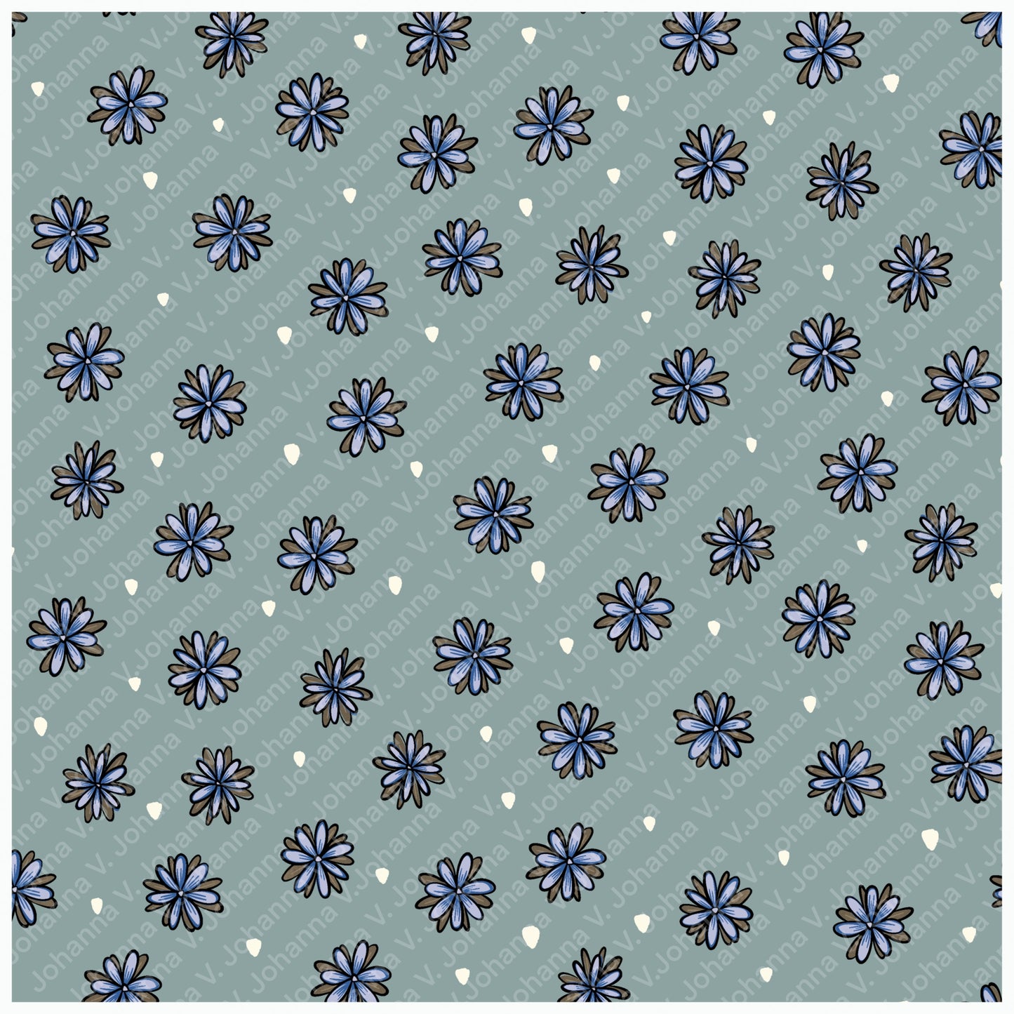 Blue Doodle Flower Seamless Pattern – Whimsical Floral on Muted Sage Green