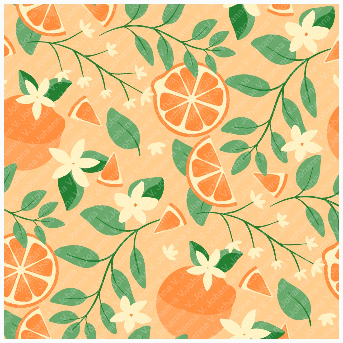 Orange Blossom Seamless Pattern – Citrus Fruit Flowers & Green Botanical Leaves