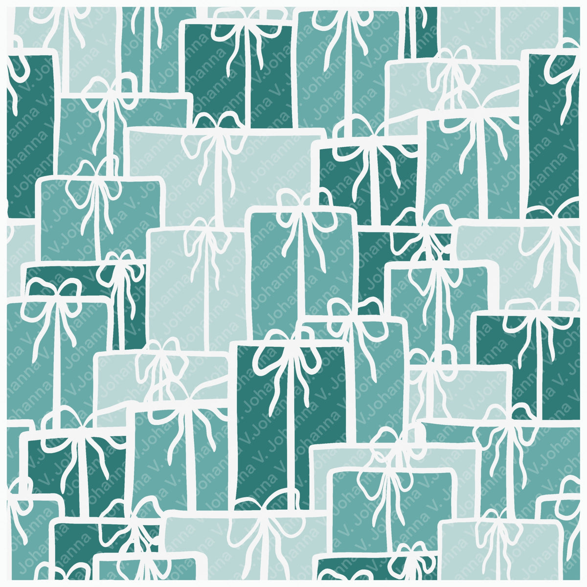 Christmas Presents Seamless Pattern – Teal & Aqua Gift Boxes with Hand-Drawn Bows