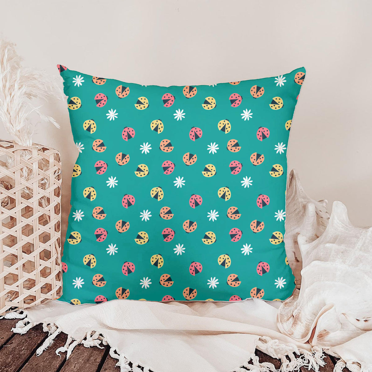Seamless Ladybug Pattern PNG, Teal Cute Floral Bug Digital Paper 12x12, Whimsical Nature Surface Pattern for Fabric, Packaging, Kids Design, Commercial Use