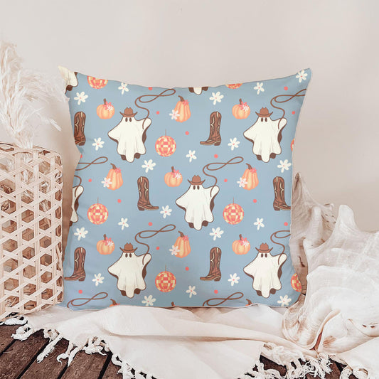Cowboy Ghost Seamless Pattern – Western Fall Print in Soft Blue | Boots, Pumpkins, Rope & Disco Elements | Retro Western Design