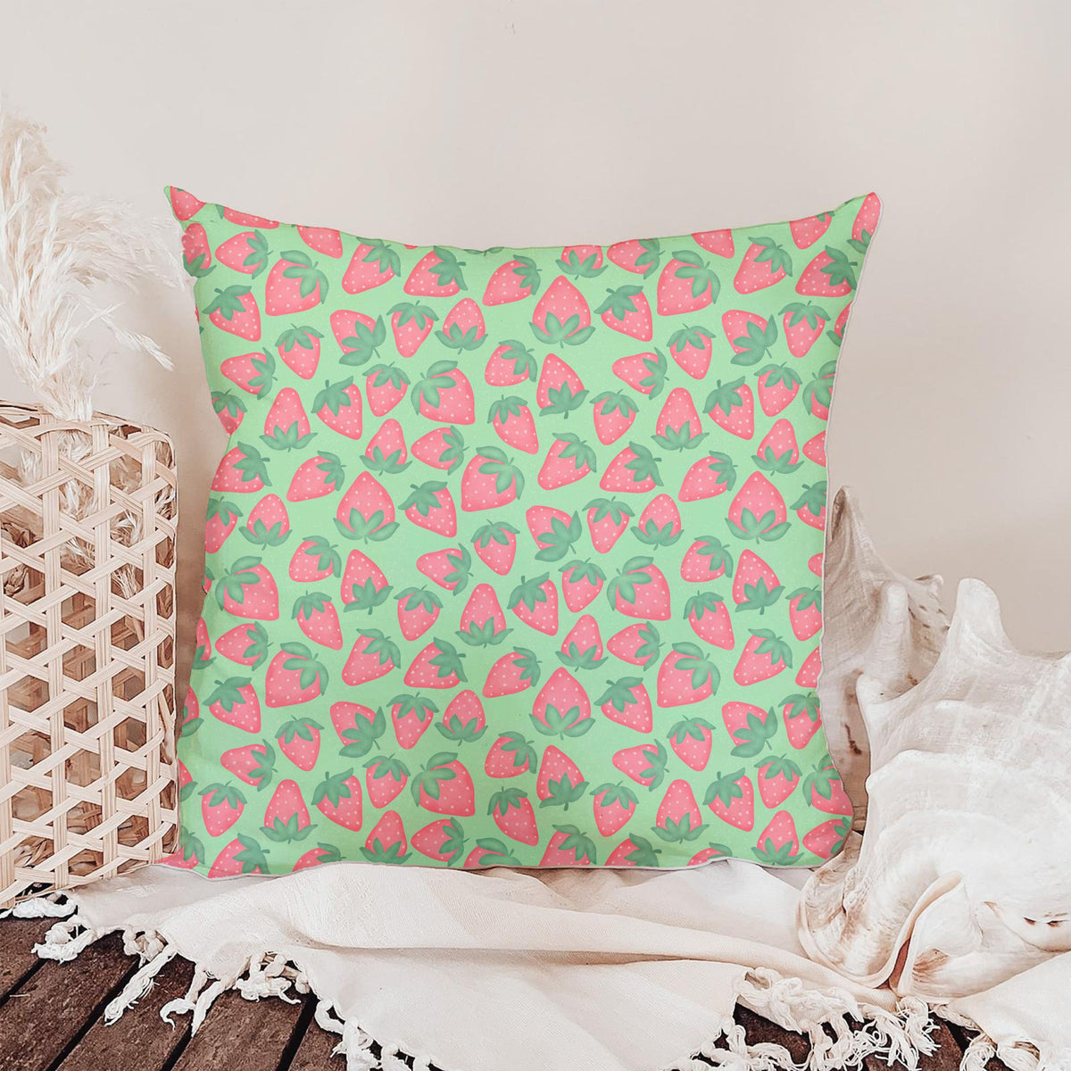 Seamless Strawberry Pattern PNG, Green Hand Drawn Fruit Digital Paper 12x12, Cute Watercolor Style Surface Pattern for Fabric, Packaging, Commercial Use