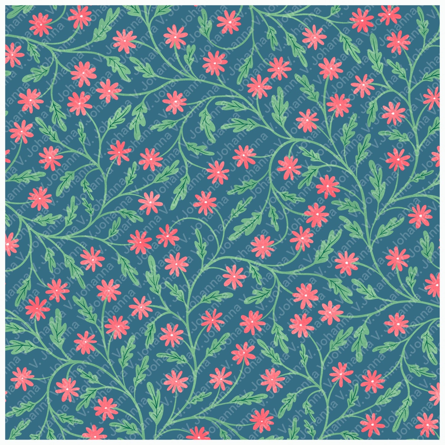 Blooming Florals Seamless Pattern – Blue & Pink Whimsical Botanical Flower Design