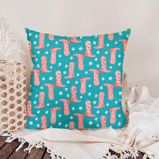 Wildflower Boots Seamless Pattern – Western Cowgirl Boot Print in Coral Pink & Teal | Commercial Use Surface Design