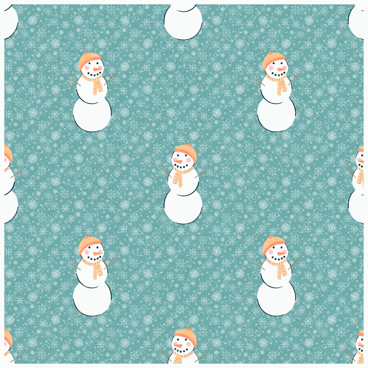 Orange Snowman Winter Seamless Pattern – Teal Snowflake Christmas Design