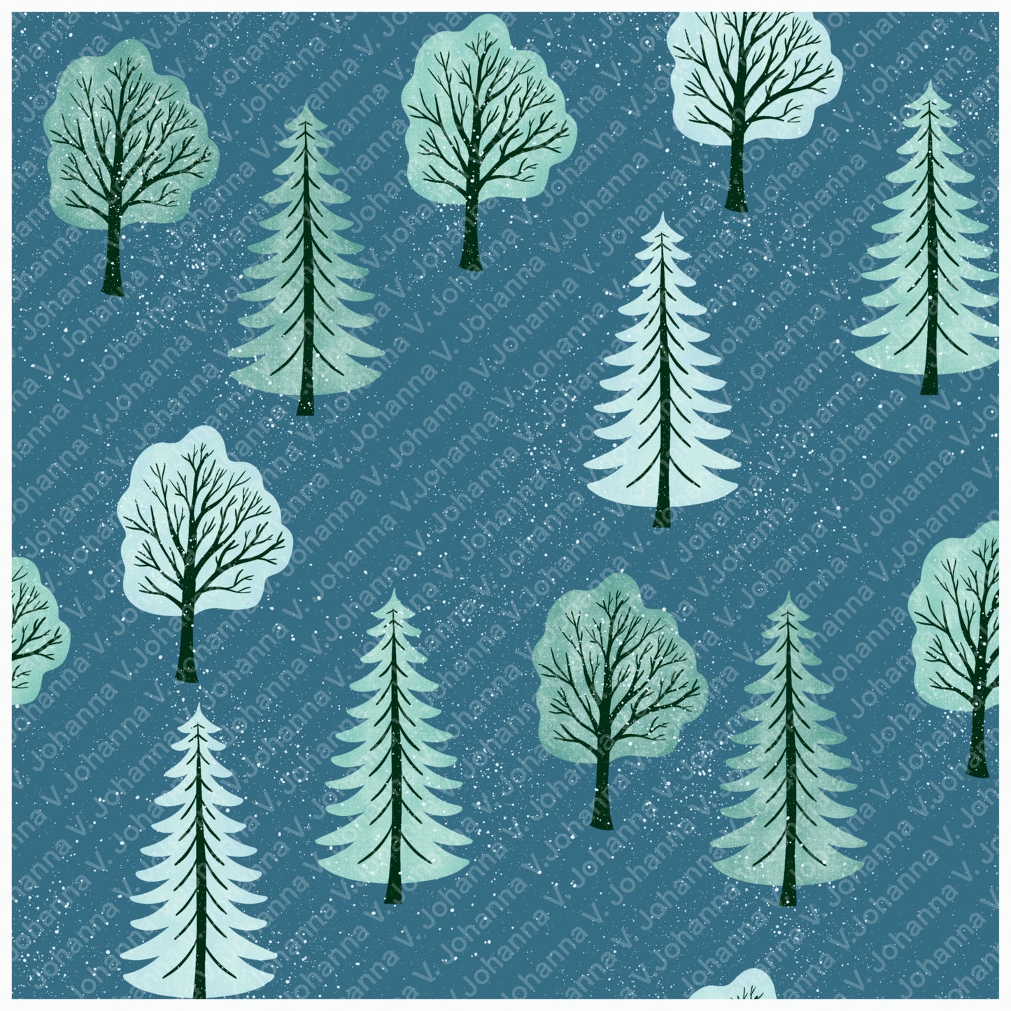 Quiet Winter Woods Seamless Pattern – Snowy Evergreen Forest in Blue & Mint