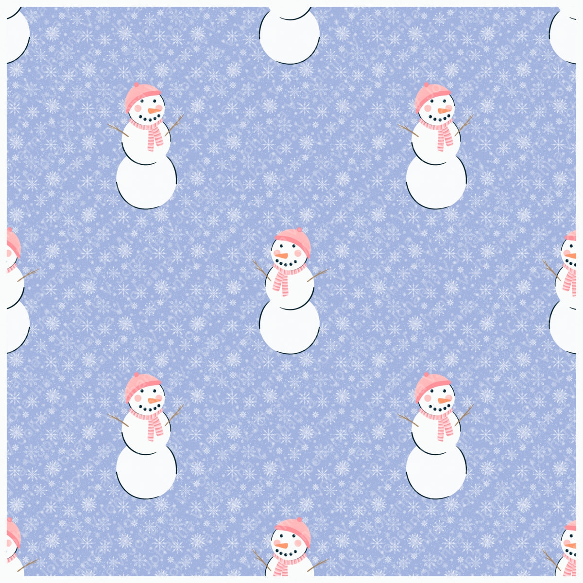 Pink Snowman Winter Seamless Pattern – Whimsical Snowflake Christmas Design