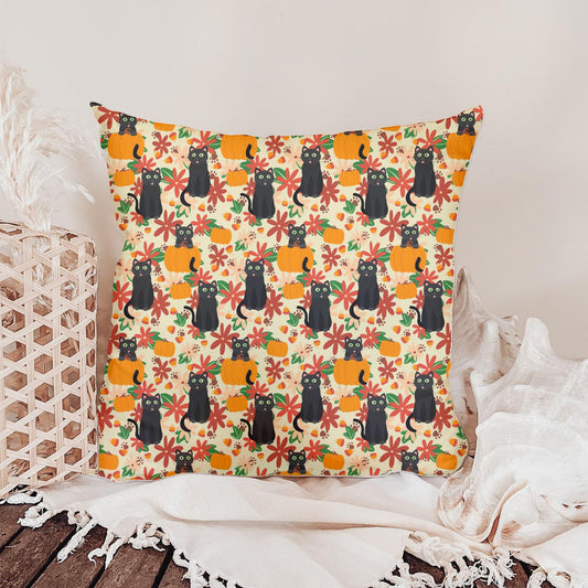 Black Cats Pumpkins and Autumn Flowers on Cream | Halloween Seamless Pattern