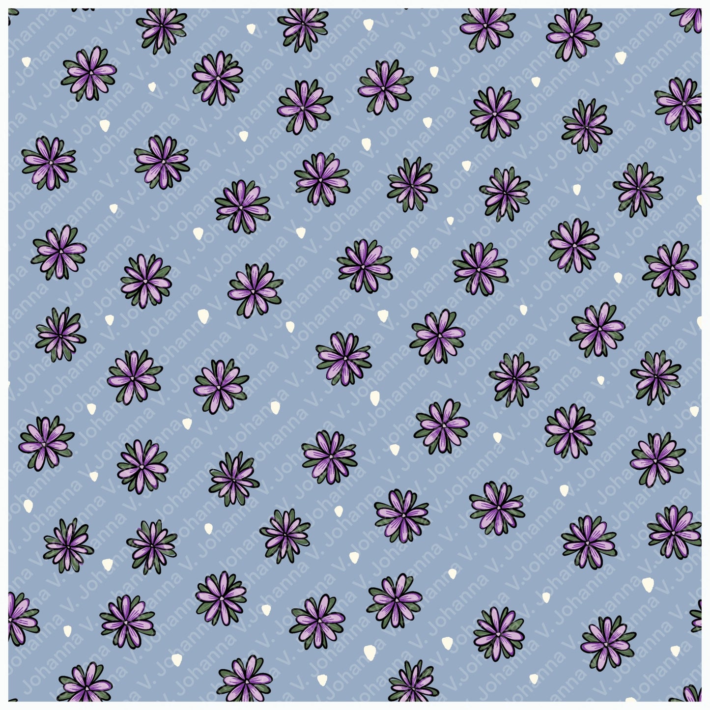 Purple Doodle Flower Seamless Pattern – Whimsical Floral on Dusty Blue