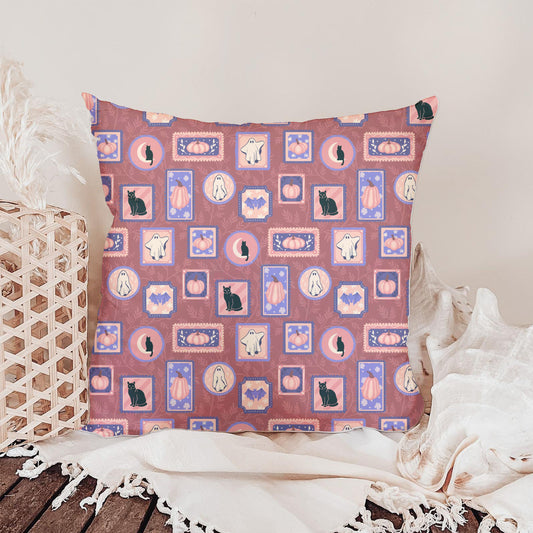 Vintage Halloween Frames Seamless Pattern – Ghosts, Cats & Pumpkins in Mauve | Cozy Storybook Fall Design