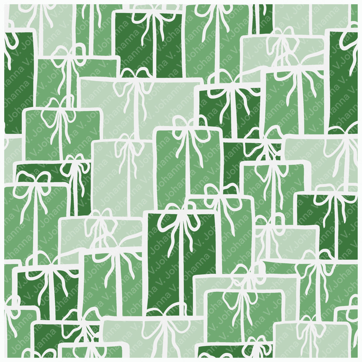Christmas Presents Seamless Pattern – Green Gift Boxes with Hand-Drawn White Bows