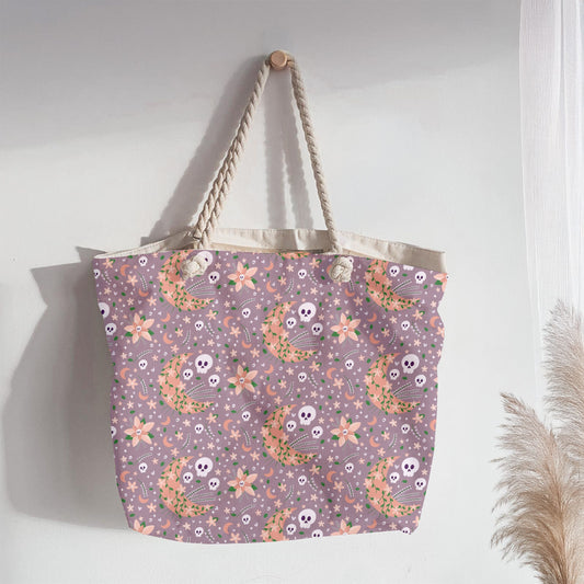 Floral Crescent Moons and Skulls on Lavender | Whimsical Halloween Seamless Pattern