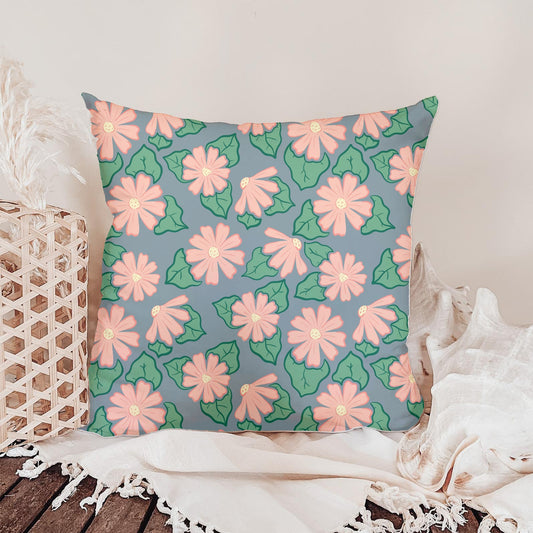 Pink Wildflower Seamless Pattern – Coral Flowers Green Leaves on Dusty Blue
