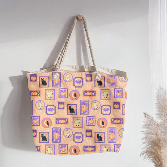 Vintage Halloween Gallery Seamless Pattern – Ghosts, Cats & Pumpkins
