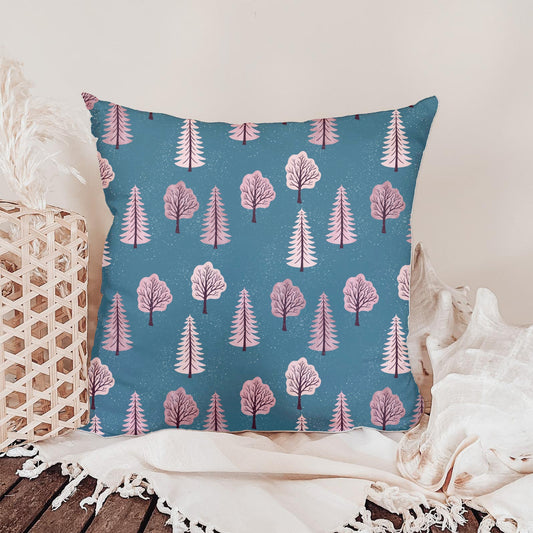 Pink Winter Forest Seamless Pattern – Snowy Blush Trees on Winter Blue