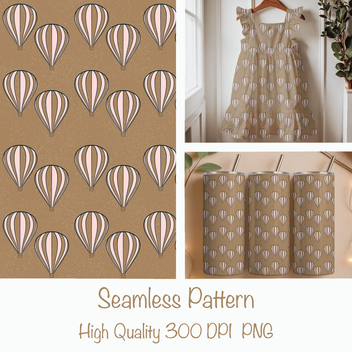 Hot Air Balloon Seamless Pattern PNG, Blush Neutral Balloon Print 12x12, Soft Vintage Sky Design, Retro Travel Pattern, Commercial Use