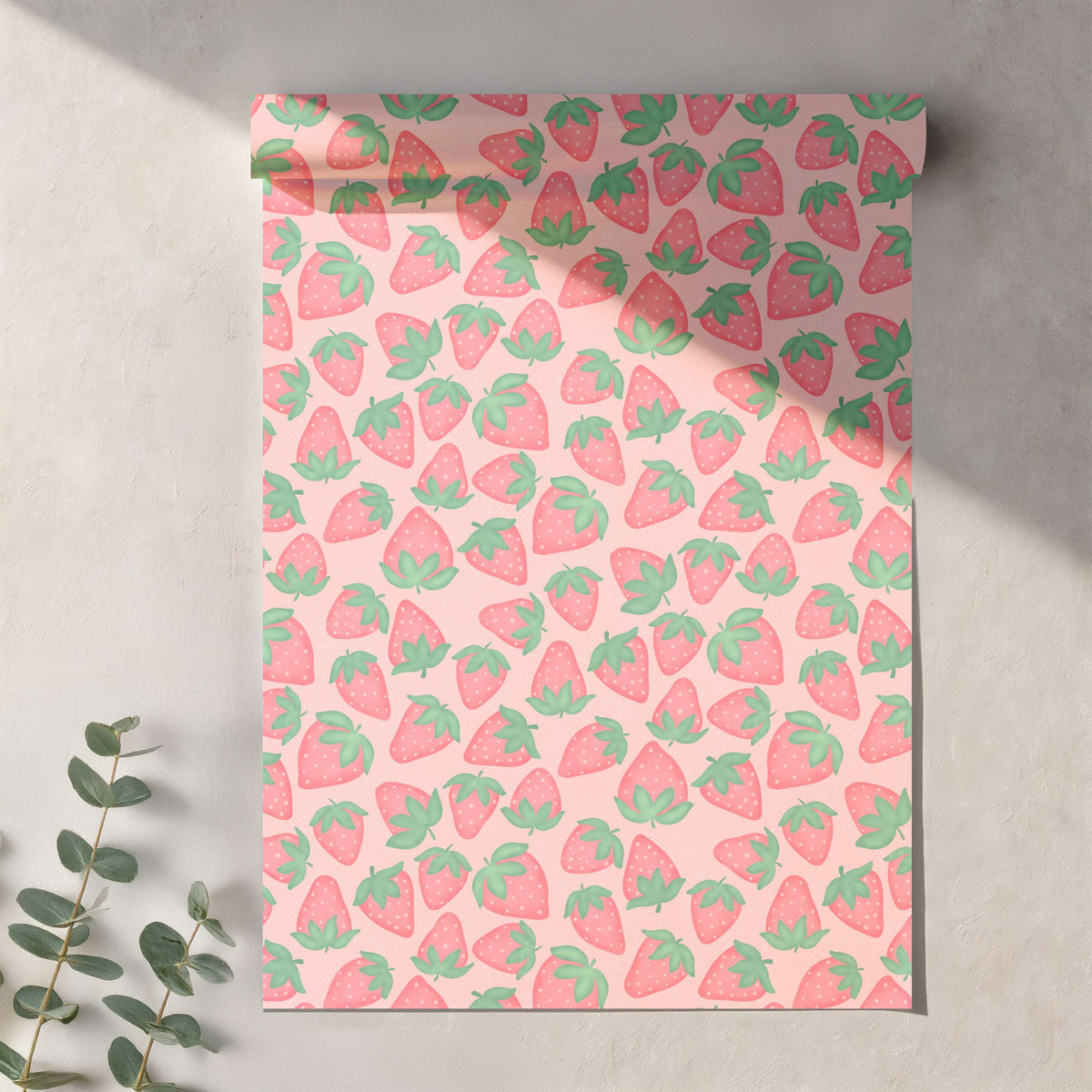 Seamless Strawberry Pattern PNG, Soft Pink Hand Drawn Fruit Digital Paper 12x12, Cute Watercolor Style Surface Pattern for Fabric, Packaging, Commercial Use