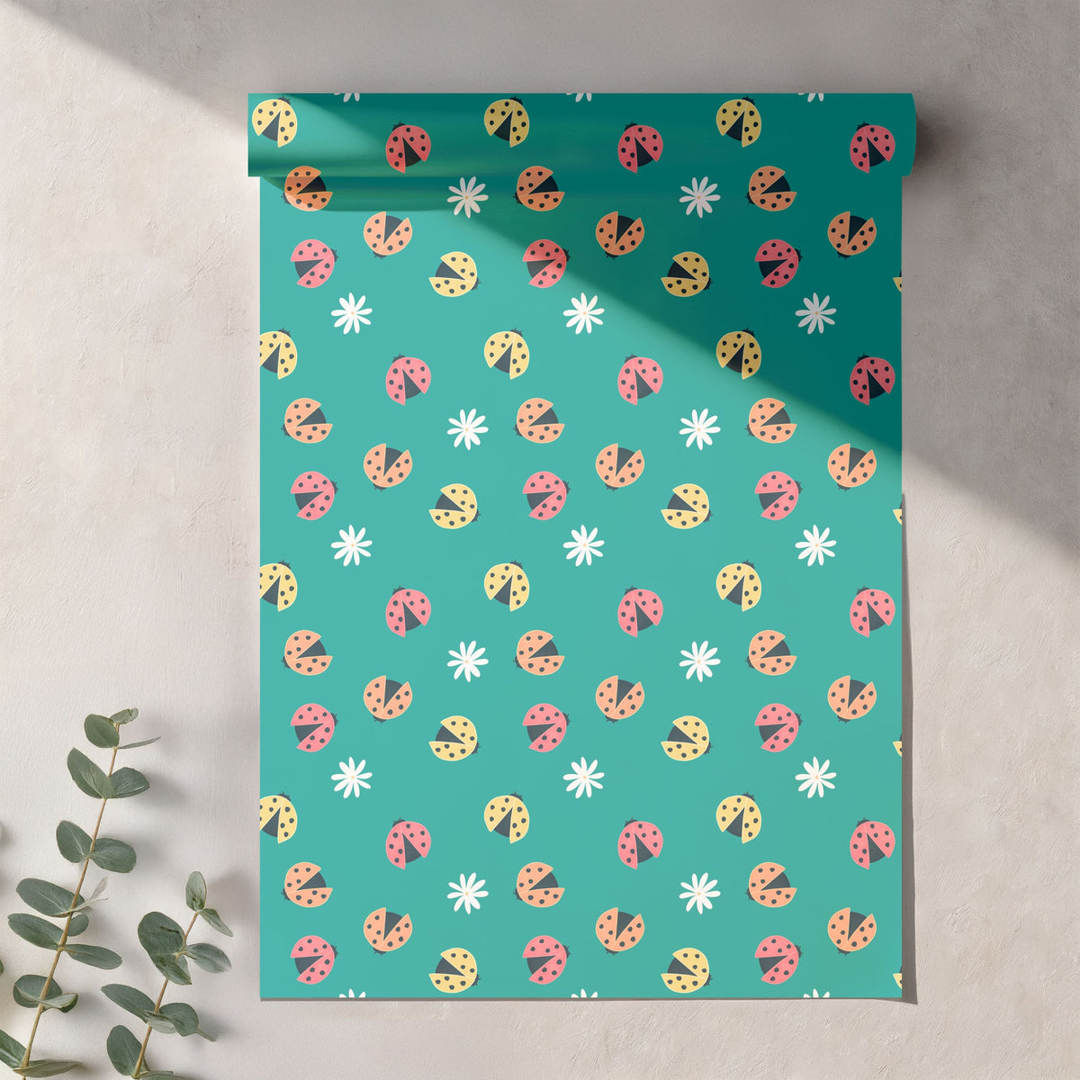 Seamless Ladybug Pattern PNG, Teal Cute Floral Bug Digital Paper 12x12, Whimsical Nature Surface Pattern for Fabric, Packaging, Kids Design, Commercial Use